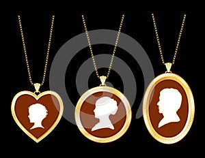 Cameo Family, Antique Gold Lockets isolated on black