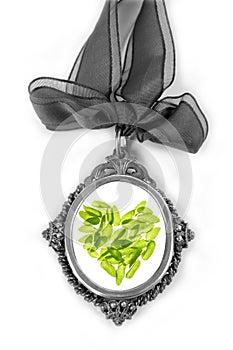 Cameo silver locket with green basil leaves heart