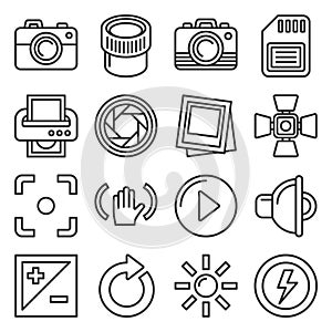 Camera Accessories and Photography Icons Set. Line Style Vector
