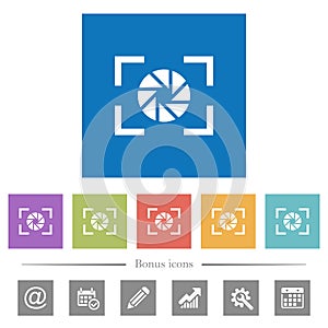 Camera aperture setting flat white icons in square backgrounds photo