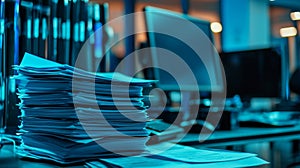 With a camera in the background, a close-up of a stack of files on a desk.