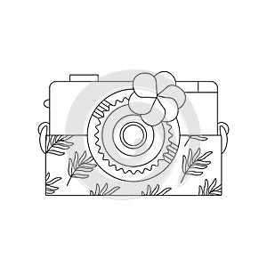 Camera. Beach set for summer trips. Vacation accessories for sea vacations. Line art