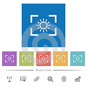 Camera brightness setting flat white icons in square backgrounds