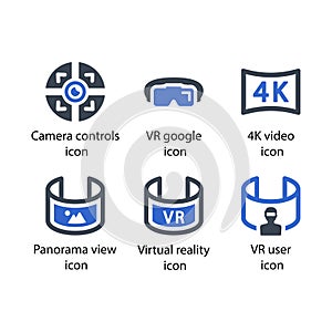 Camera controls, VR google, 4K video, Panorama view, Virtual reality, VR user, icon