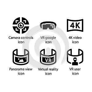 Camera controls, VR google, 4K video, Panorama view, Virtual reality, VR user, icon