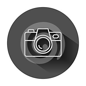 Camera device sign icon in flat style. Photography vector illustration on black round background with long shadow. Cam equipment