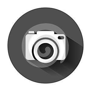 Camera device sign icon in flat style. Photography vector illustration on black round background with long shadow. Cam equipment