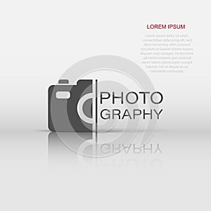 Camera device sign icon in flat style. Photography vector illustration on white isolated background. Cam equipment business