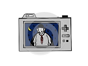 Camera Displaying a Night Scene with a Moon and a Vampire