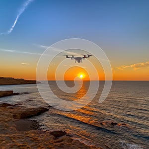 Camera drone flying on a beach at sunset, AI Generated