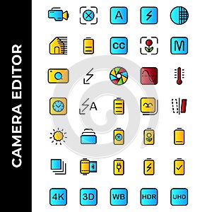 Camera editor icon set include camera,flash,photo filter,power,resolution,gallery,image,battery