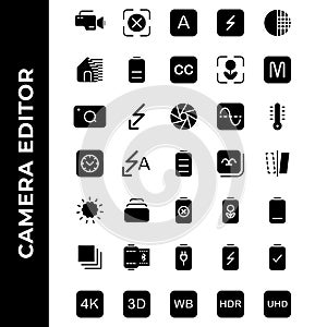 Camera editor icon set include camera,flash,photo filter,power,resolution,gallery,image,battery