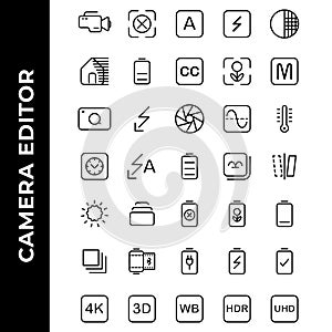 Camera editor icon set include camera,flash,photo filter,power,resolution,gallery,image,battery