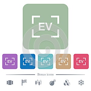 Camera exposure value setting flat icons on color rounded square backgrounds