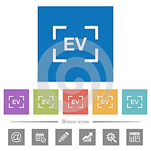Camera exposure value setting flat white icons in square backgrounds