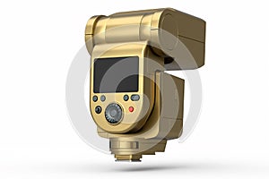 Camera external gold flash speedlight isolated on white background.
