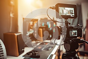 Camera film set on the tripod in the studio