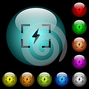 Camera flash mode icons in color illuminated glass buttons