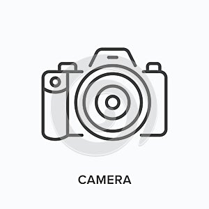 Camera flat line icon. Vector outline illustration of photo equipment. Photocamera black thin linear pictogram for