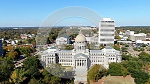 Camera flies away from The Mississippi State Capitol Building in downtown Jackson, MS