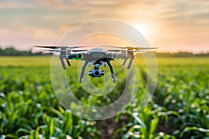 a camera flying over an agricultural field with a sunset in the background