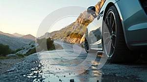 The camera focused on the road surface as the tires of a car make sharp turns on the winding mountain road