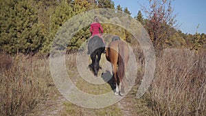 Camera following young Caucasian female equestrian riding the black graceful horse on the dirt road and holding halter