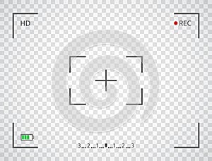 Camera frame. Digital camera display interface. Viewfinder screen on transparent background. Photo frame. Recording video screen.