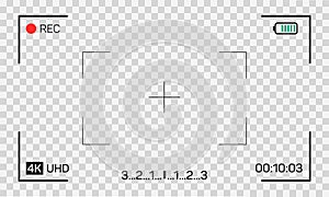 Camera frame. Video screen with rec, viewfinder. Background for record movie. Display with focus, time, battery for