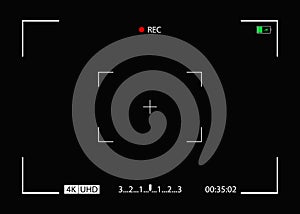 Camera frame. Video screen with rec, viewfinder. Background for record movie. Display with focus, time, battery for videography,