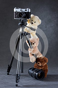 Camera and group of teddy bears isolated