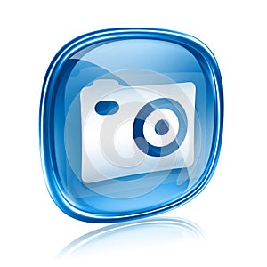 Camera icon blue glass, isolated