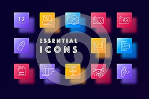 Camera icon set. DSLR camera with a lens and a viewfinder used for capturing high-quality photographs. Photography concept.