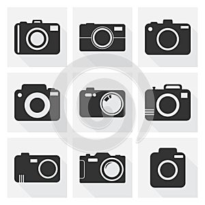 Camera icon set on white background with long shadow.