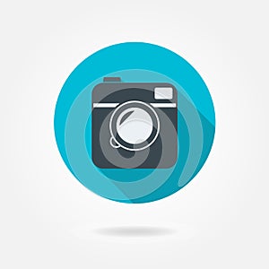 Camera icon or sign isolated on white background. Vector hipster photo symbol in flat style with long shadow.