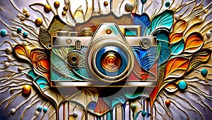 An camera image produced on embossed pewter material with colour ink infills