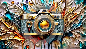 An camera image produced on embossed pewter material with colour ink infills