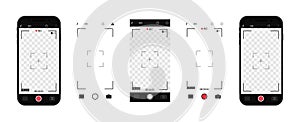 Camera interface in phone screen. Photo, video ui in cellphone. App for record from mobile cam. Viewfinder, grid, focus, button