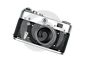Camera isolated. one old vintage camera isolated on white background. View from above.