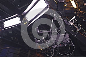 Camera jib and lighting equipment in broadcasting studio