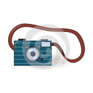 Camera on a leather strap in a flat style. Small camera with flash, dark blue, isolated on a white background. Color