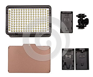 On-camera LED video light kit flat lay.