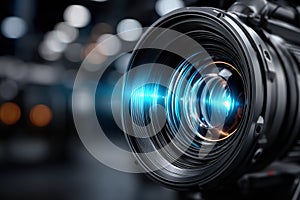 Camera lens capturing light with intricate details in a studio setting