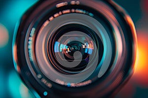 Camera lens close-up with colorful reflections