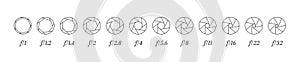 Camera lens diaphragm lined icons row with aperture value numbers