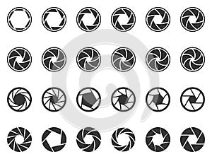 Camera lens diaphragm. Photo lenses aperture, cameras shutter silhouette icon and shutter apertures pictogram vector