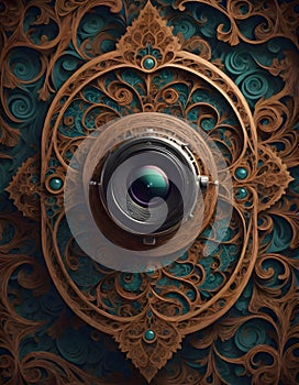 Camera Lens Encased in Ornate Wooden Design, Generative AI