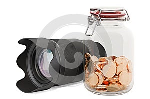 Camera lens with glass jar full of golden coins, 3D rendering