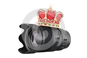 Camera lens with golden crown, 3D rendering