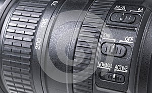 Camera lens with lens reflections. Lens for SLR Single Lens Reflex Camera. Modern digital SLR camera. Detailed photo